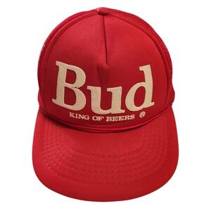 Budweiser King of Beers Red Trucker Hat Snapback Mesh Cap Vintage Style Logo